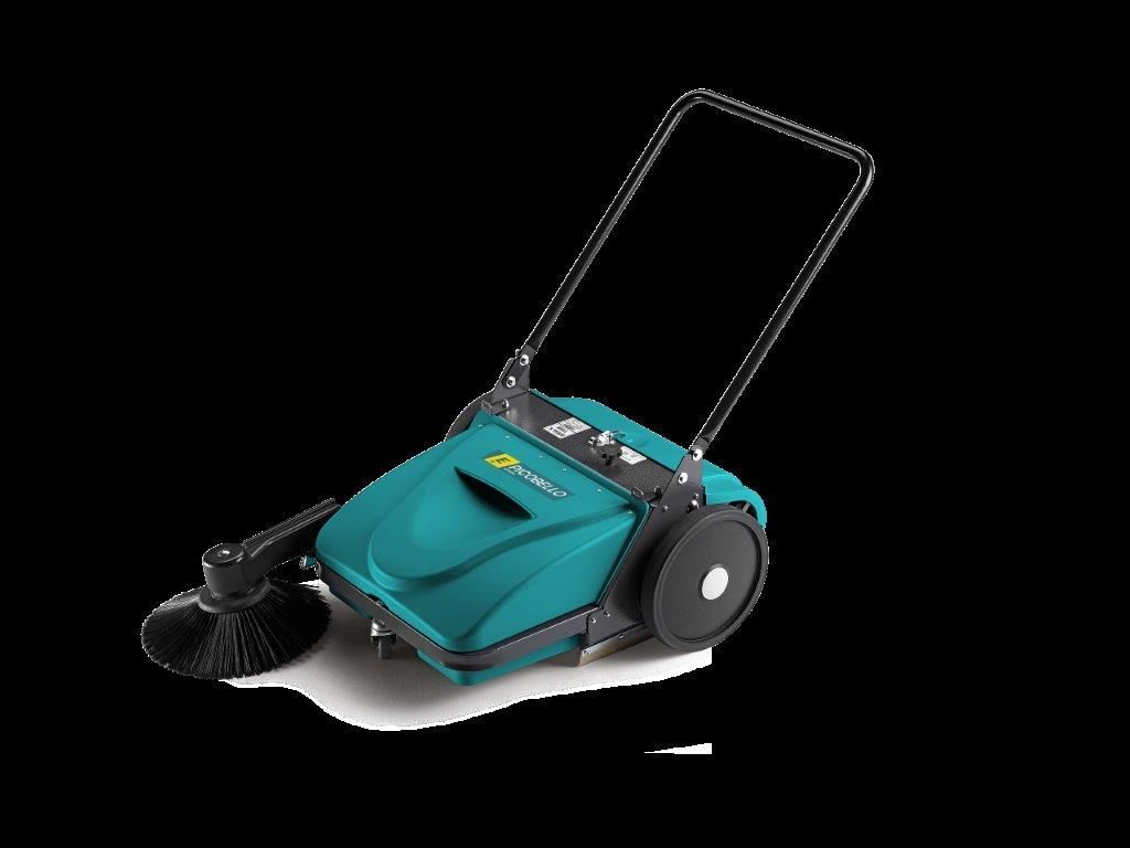 Eine blaue Kehrmaschine mit Griff und Bürste auf schwarzem Hintergrund.