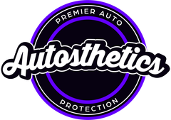 Logo: "Autosthetics" in white script with black outline, surrounded by purple and black circles, text "Premier Auto Protection."