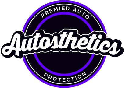 Logo: "Autosthetics" in white script with black outline, surrounded by purple and black circles, text "Premier Auto Protection."