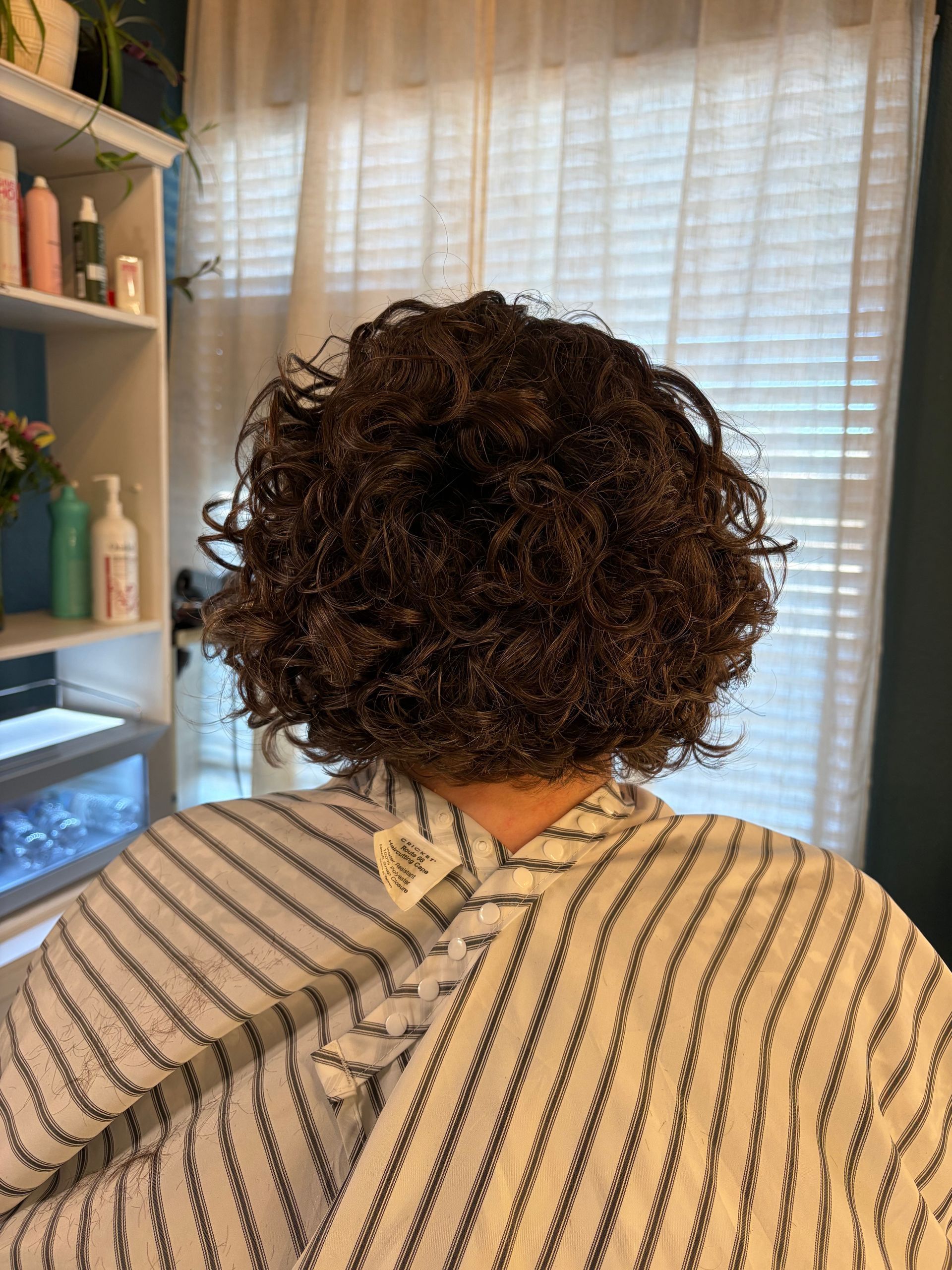 A person with dark, curly hair wearing a striped salon cape, viewed from behind in a salon setting.