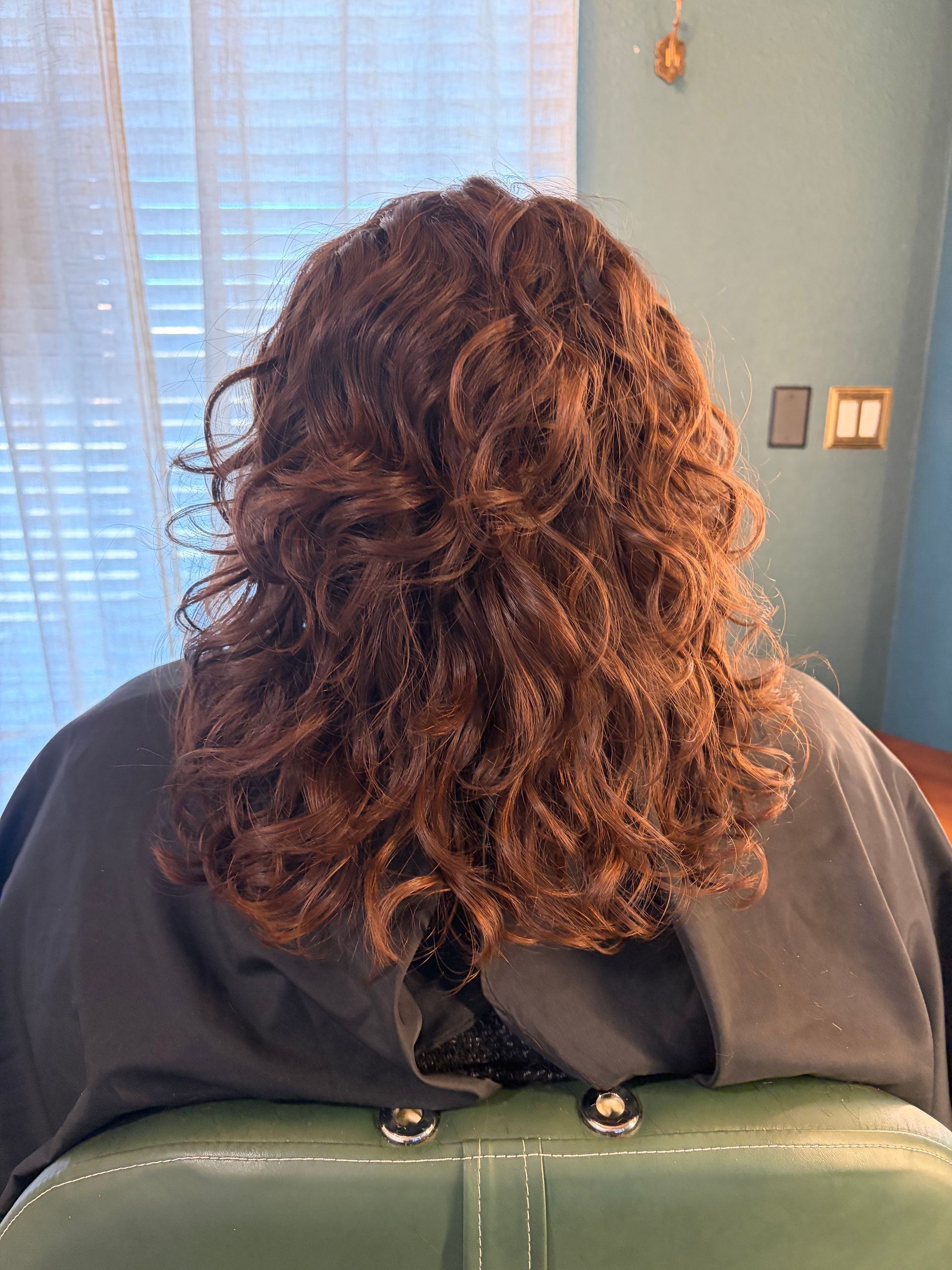 Back view of shoulder-length, curly dark brown hair in a salon chair with a light-colored window in the background.