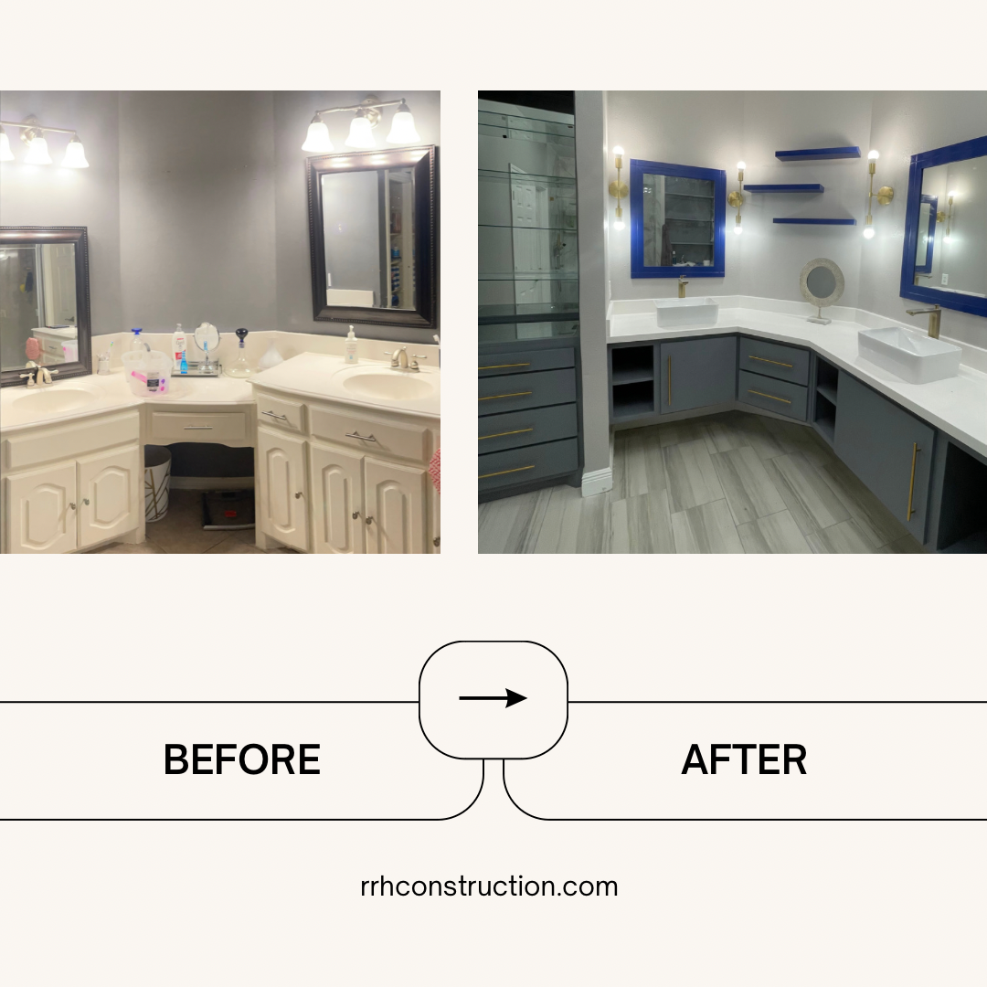 There is a before and after picture of a bathroom.