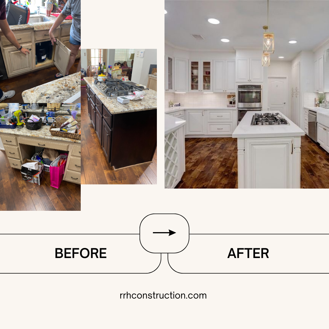 A before and after photo of a kitchen remodel.