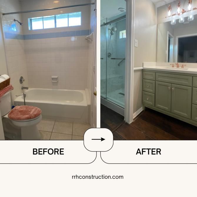 A before and after picture of a bathroom remodel