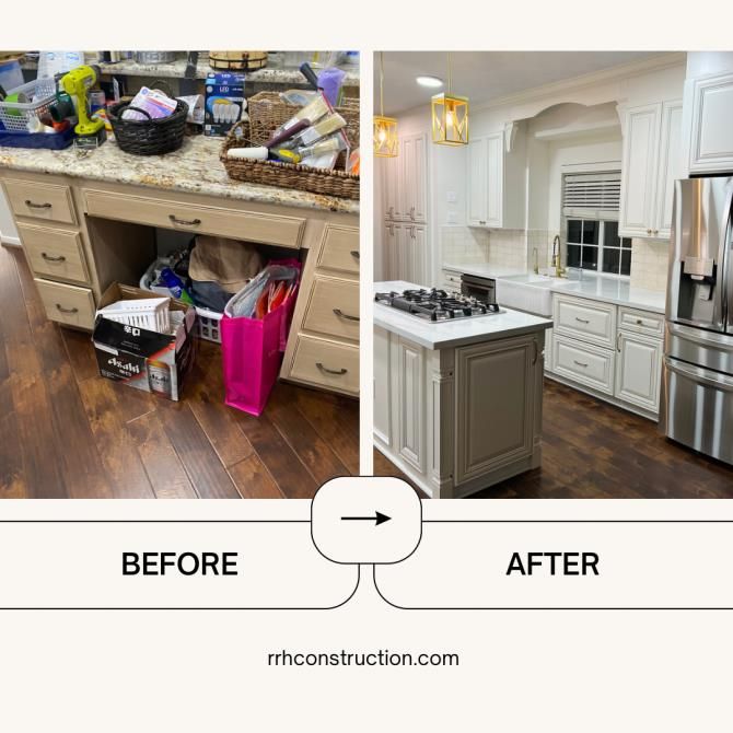 A before and after photo of a kitchen with white cabinets and stainless steel appliances.
