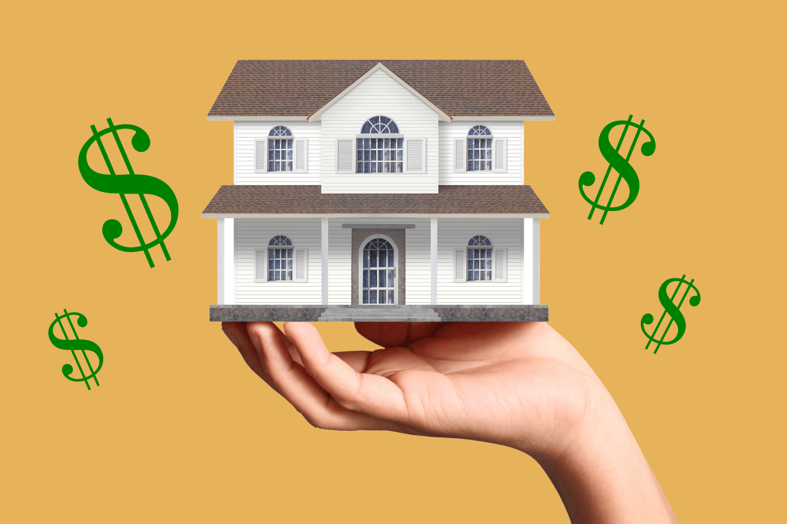 Hand holding a house with dollar signs around it.
