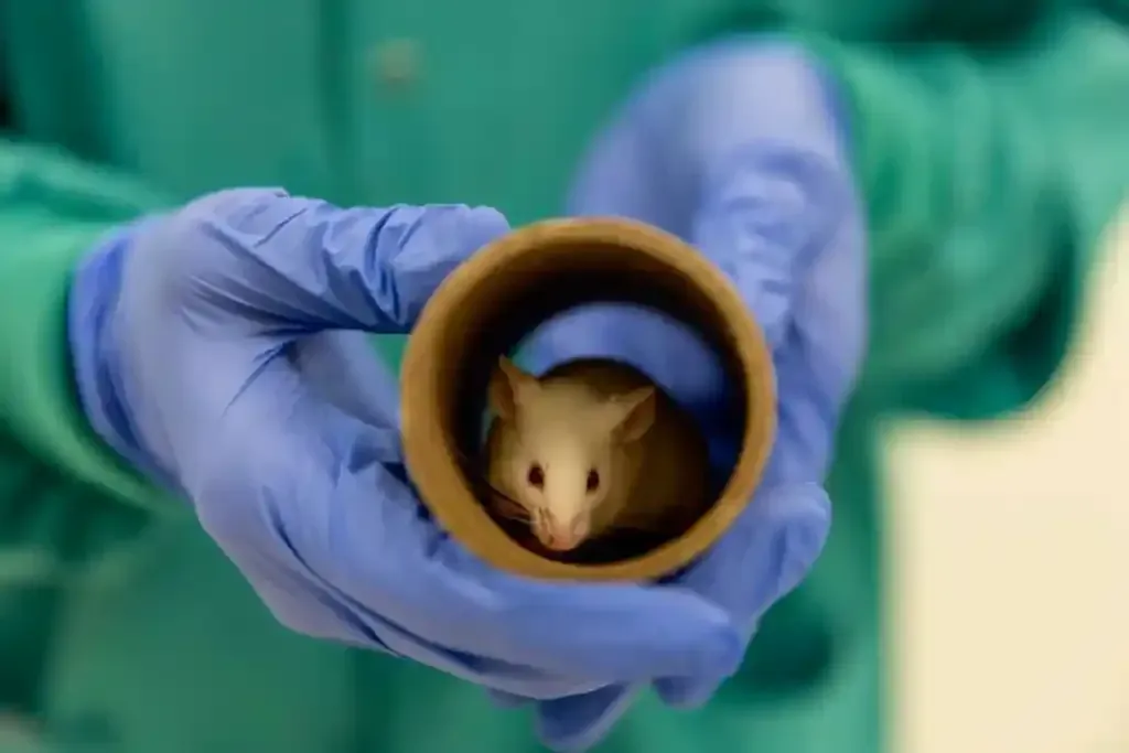 A researcher in blue gloves and a green gown holds a small, light-colored mouse inside a cardboard tube.