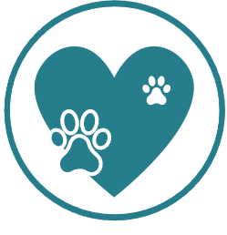 A teal heart inside a circular border, featuring a large white paw print on the left and a small one on the top right.