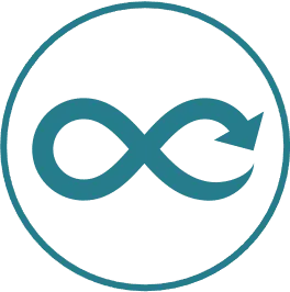 A teal infinity symbol inside a circle, featuring an arrow at the right end pointing back toward the center.