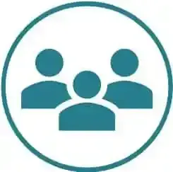 A teal-colored icon of three stylized figures arranged in a cluster inside a circle.