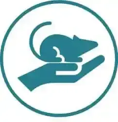 A teal icon showing a side profile of a small rodent sitting on an open human hand, all enclosed within a circle.
