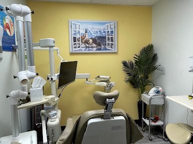 Dental examination room with chair, equipment, and wall art. Yellow wall, plant, and window view art.