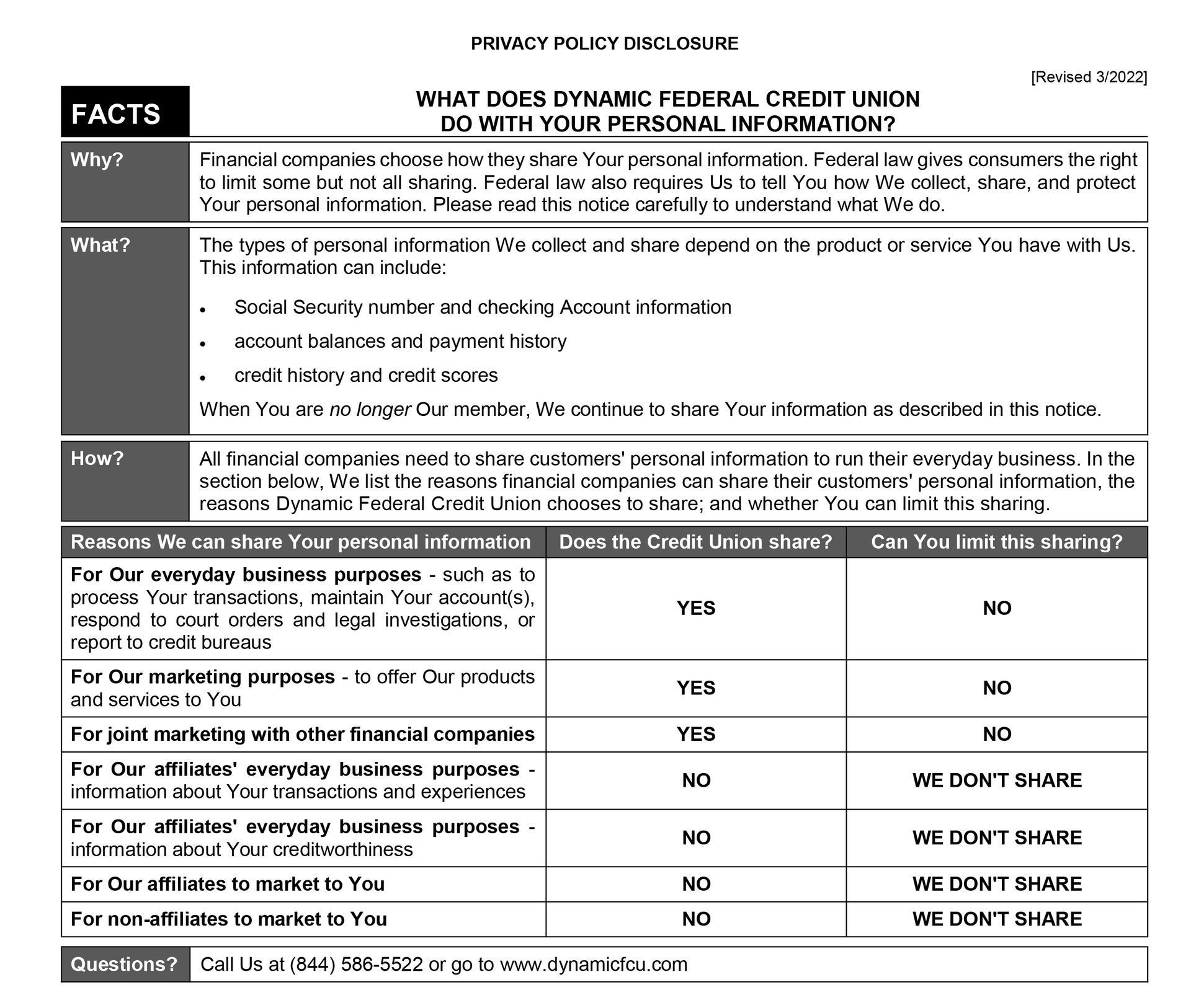 Privacy policy disclosure from Dynamic Federal Credit Union regarding information sharing.