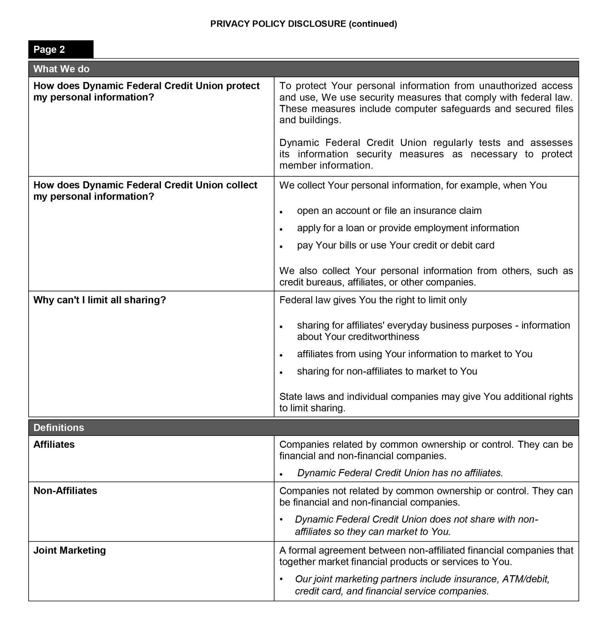 Privacy policy document detailing how personal information is protected and shared.