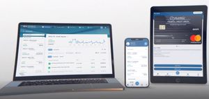 Laptop, smartphone, and tablet displaying financial information, credit card details, and a graph.