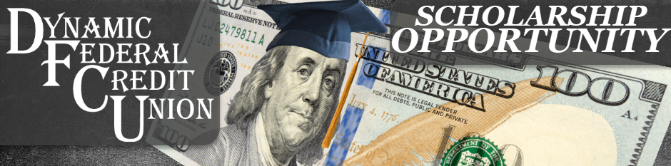 Dynamic Federal Credit Union scholarship opportunity with money and graduation cap.