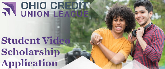 Two smiling young men. One points, the other holds headphones. Scholarship application ad.