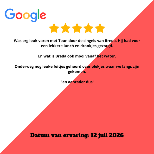 Screenshot van een Google-recensie met 5 sterren en Nederlandse tekst op een witte en rode diagonale achtergrond.