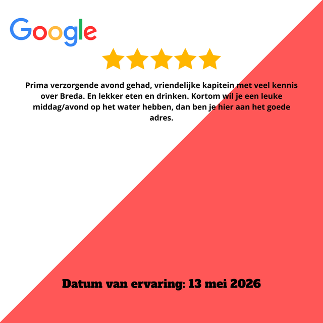 Google-recensie met 5 gouden sterren en Nederlandse tekst op een witte achtergrond met een rode diagonale strook.