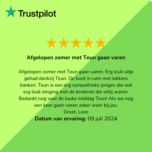 Trustpilot-recensie: Vijf sterren. Positieve feedback over een boottocht met Teun.