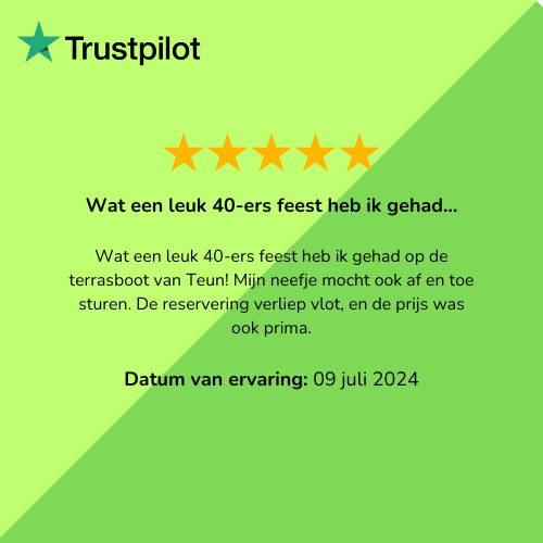 Trustpilot-recensie: 5 sterren, "40ersfeest" op de boot, positieve ervaring, datum 9 juli 2024.