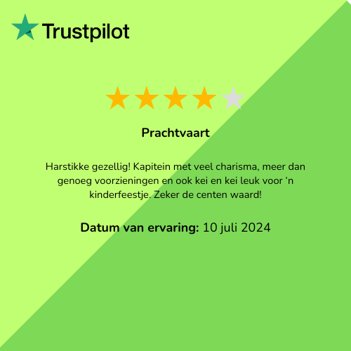 Trustpilot-recensie: Vier sterren, "Prachtvaart". Lof voor het charisma van de kapitein en de faciliteiten.
