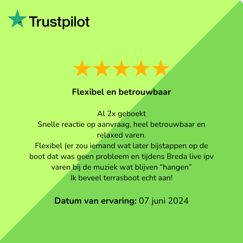 Trustpilot-recensie: 5 sterren voor een flexibele en betrouwbare bootverhuur in Breda, 7 juni 2024.