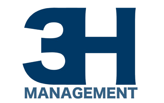 A blue and white logo for 3H Management