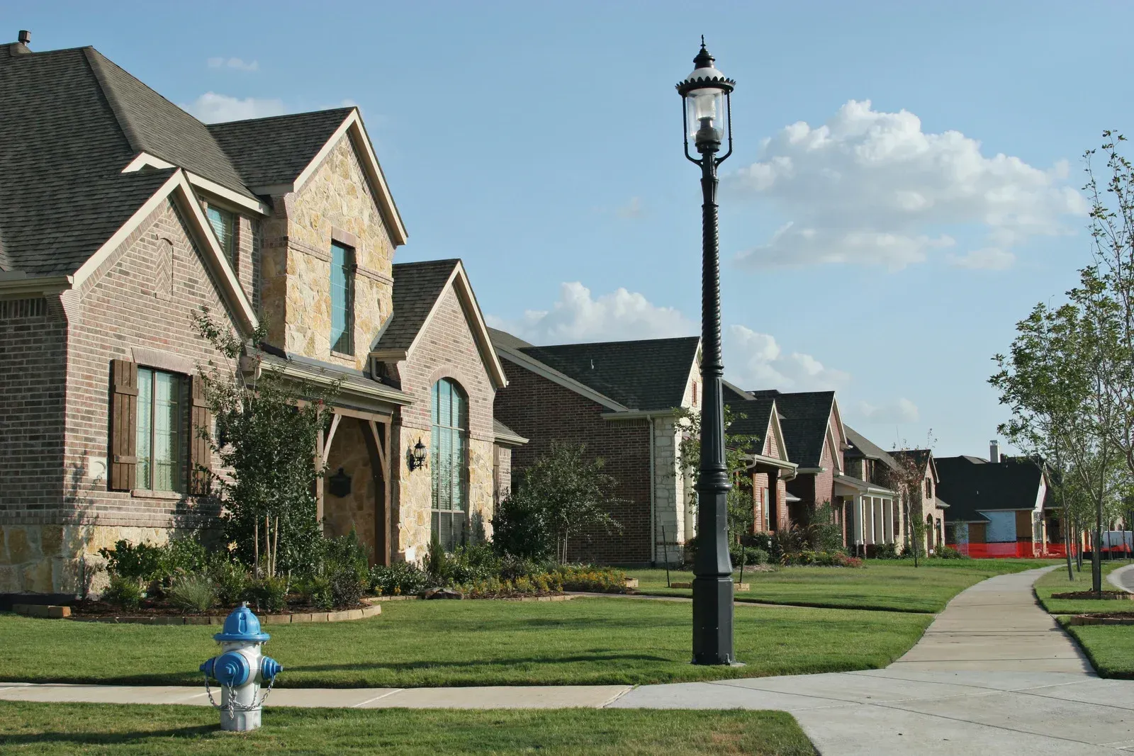 A fire hydrant is in front of a row of houses