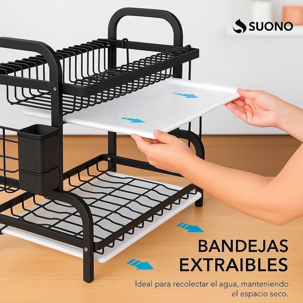 Escurreplatos negro con bandejas blancas extraíbles; una persona saca una bandeja. Texto: 