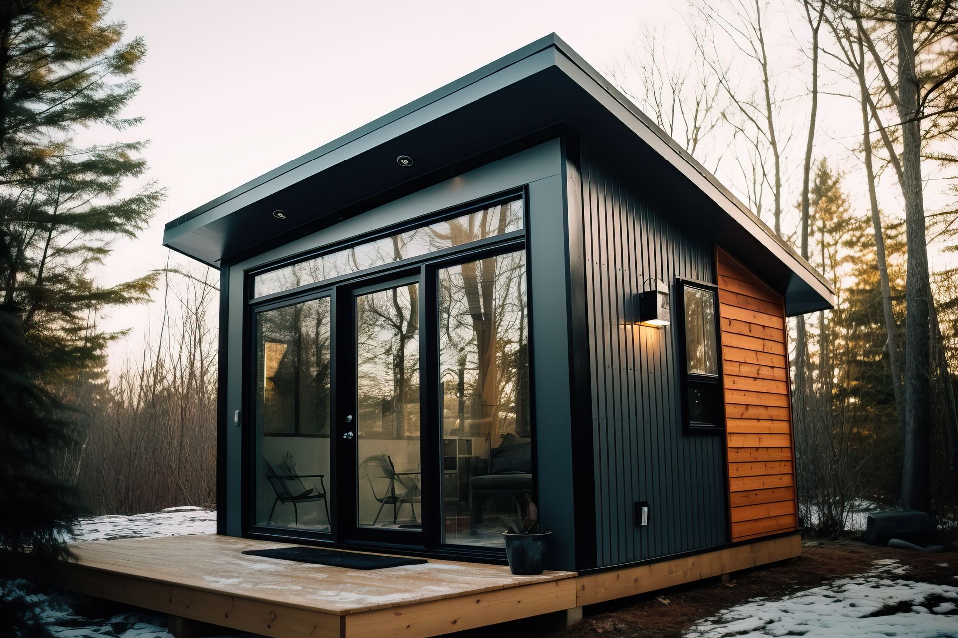 Une petite maison avec une terrasse au milieu d'une forêt.