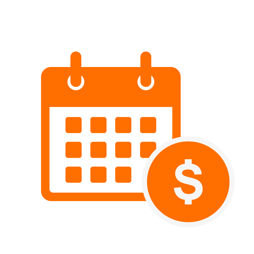 An orange calendar with a dollar sign next to it. Managing your payments with Build Buddy.
