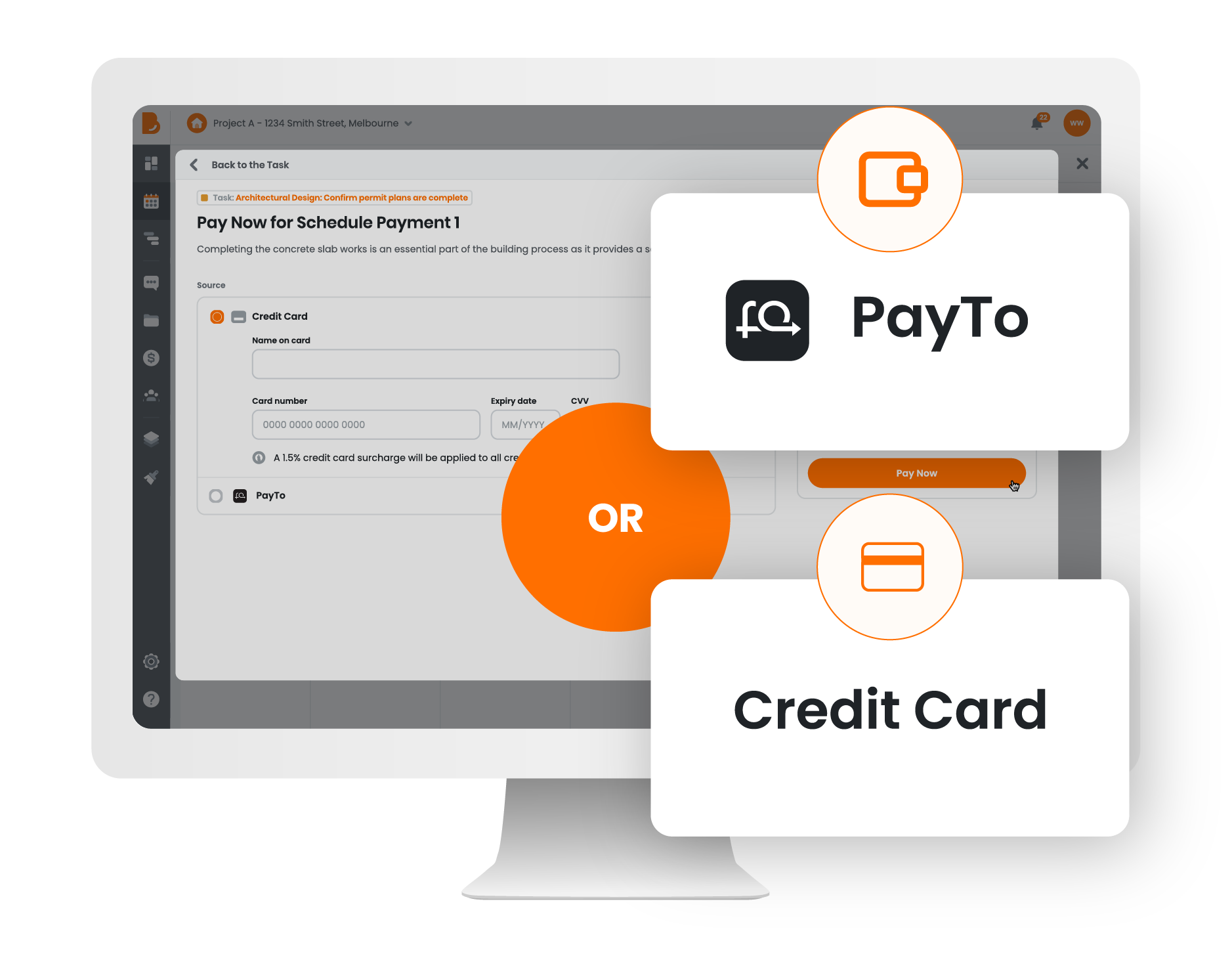 Build Buddy secure payments. A computer screen with a pay to and credit card icon on it.