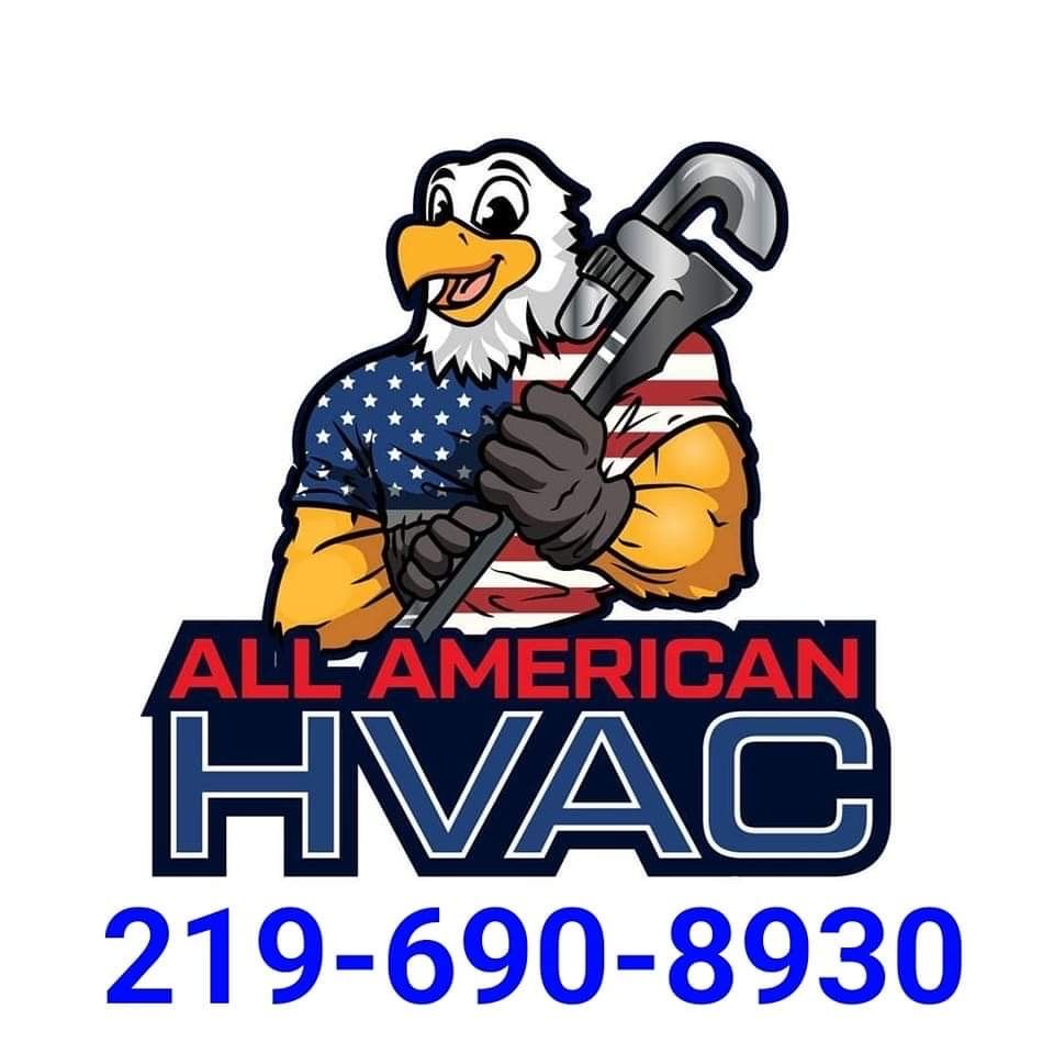 A logo for all american hvac with an eagle holding a wrench.