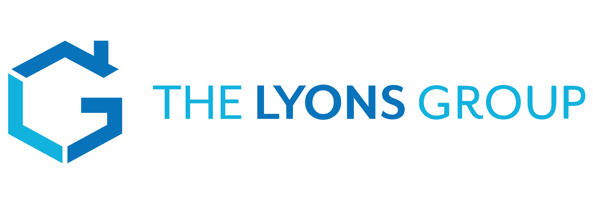 The logo for the lyons group is a blue hexagon with a house on it.