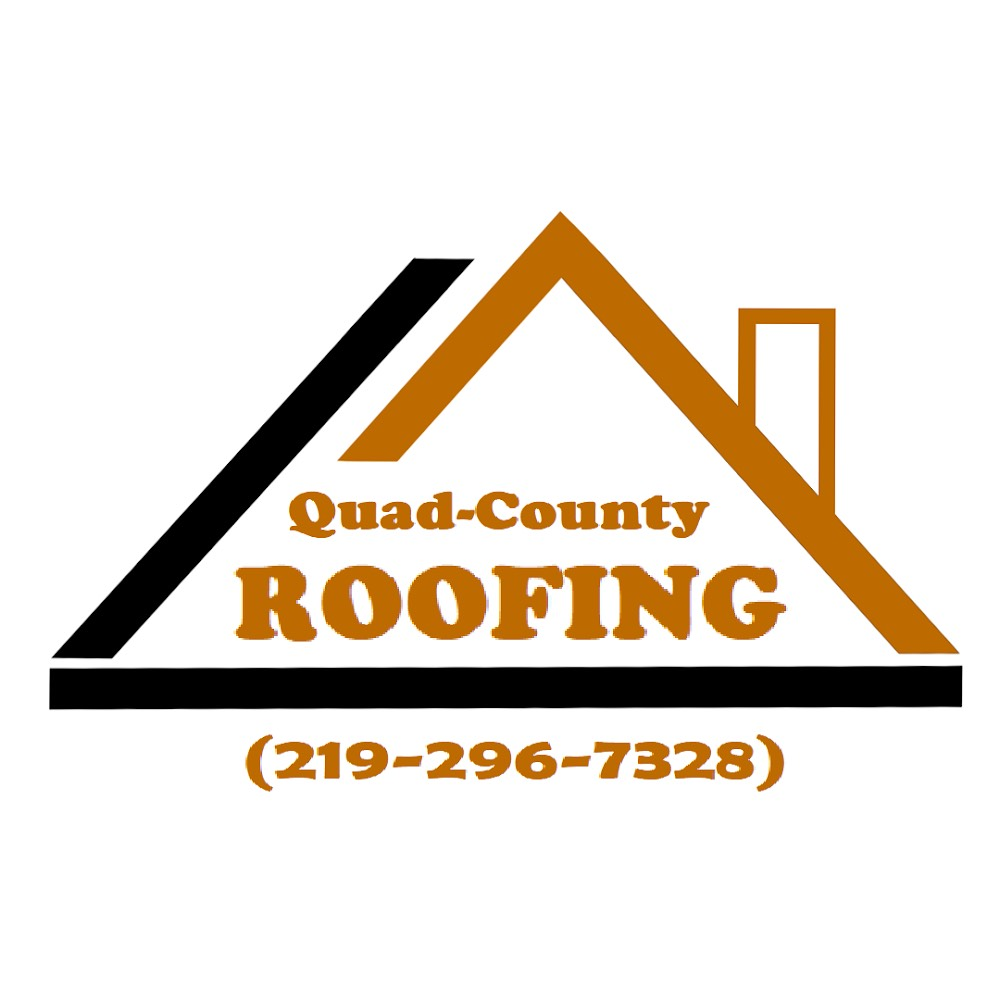 A logo for quad-county roofing with a phone number