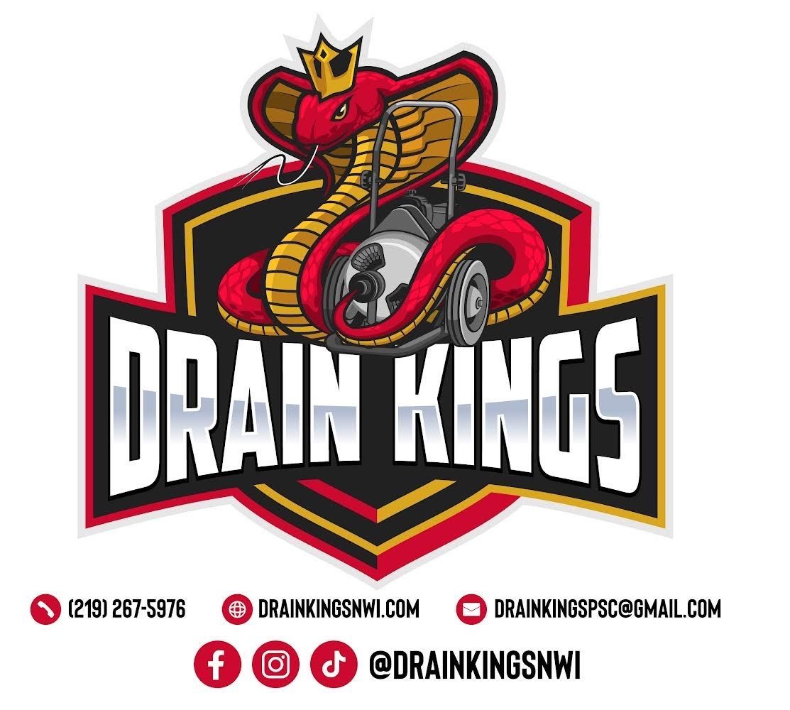 The logo for drain kings shows a cobra with a crown on its head.