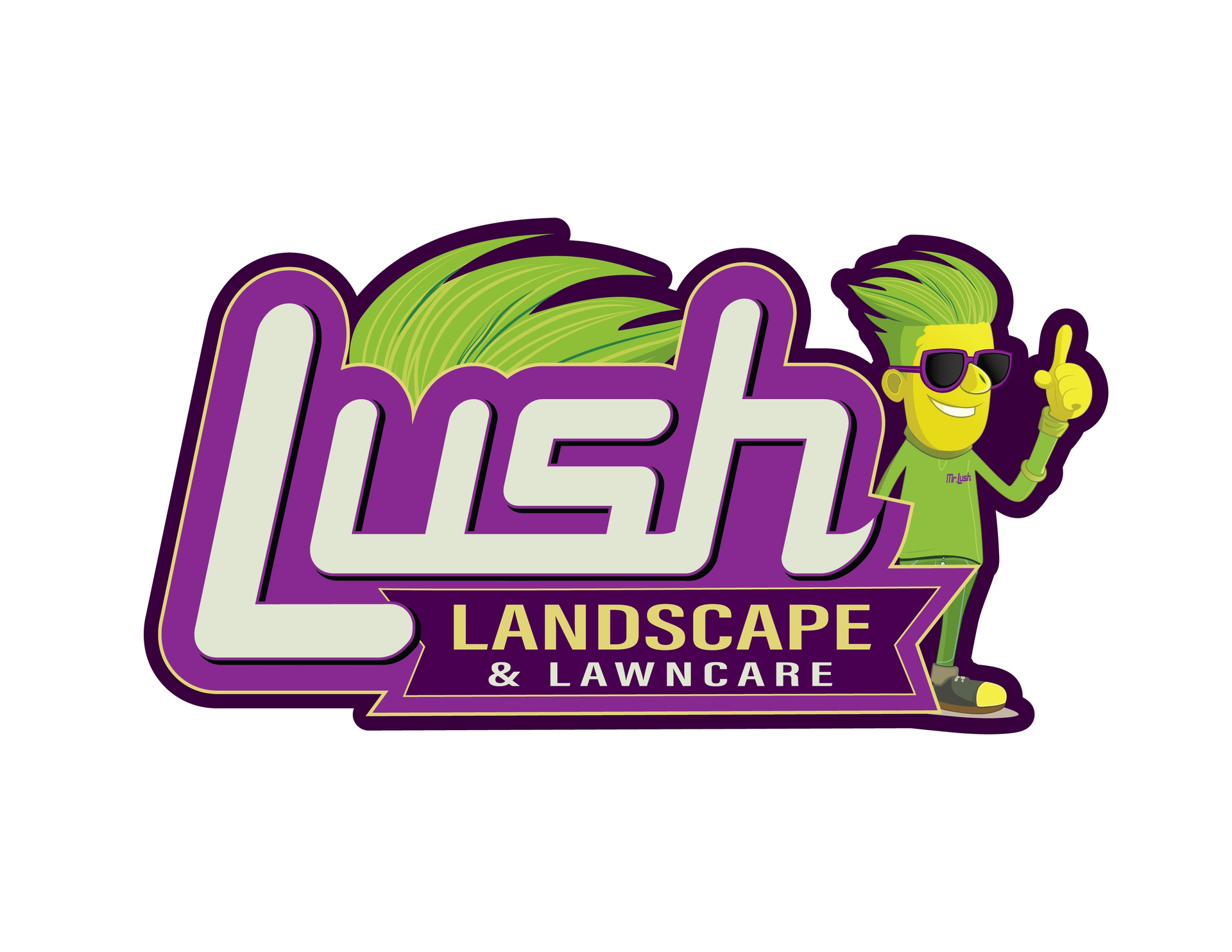 A logo for lush landscape and lawncare with a cartoon character giving a thumbs up.
