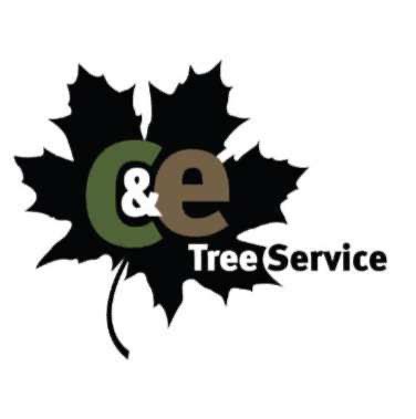 A logo for c & e tree service with a maple leaf