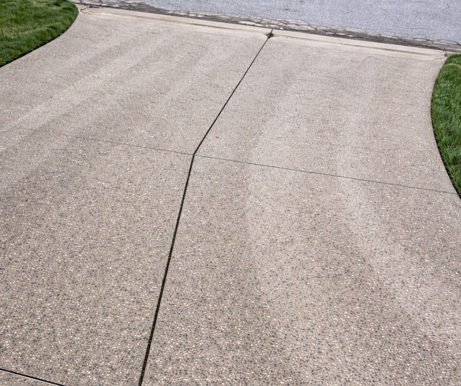 Concrete driveway with faded tire tracks, bordered by grass and road.