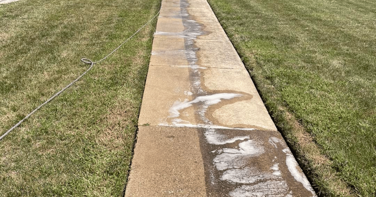 A before and after picture of a sidewalk being cleaned with a hose.