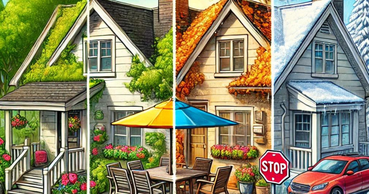 A painting of a house with a stop sign in front of it.
