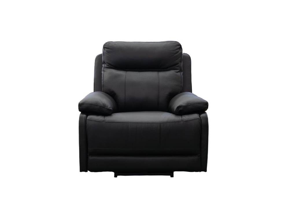 A black leather recliner on a white background.