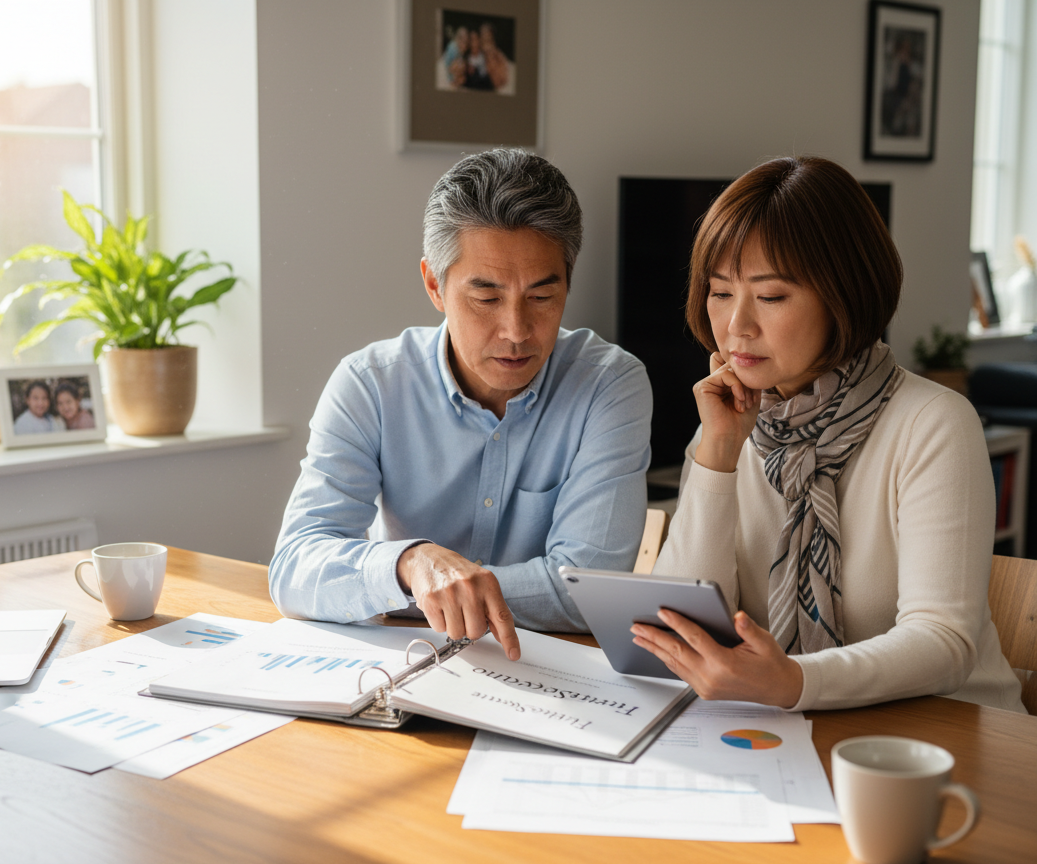Couple reviewing financial documents and tablet at a table in their home.