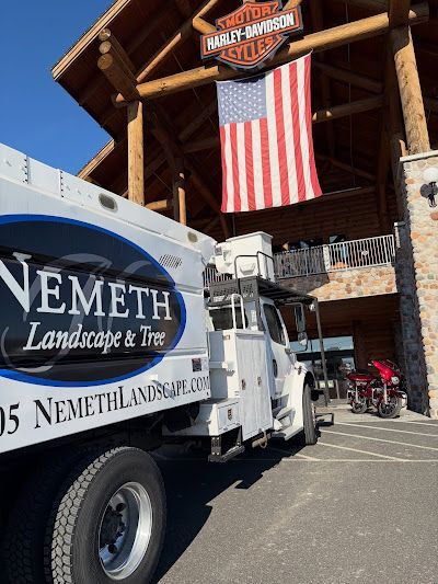 A Nemeth Landscape & Tree bucket truck parked in front of a Harley-Davidson dealership with an American flag displayed.