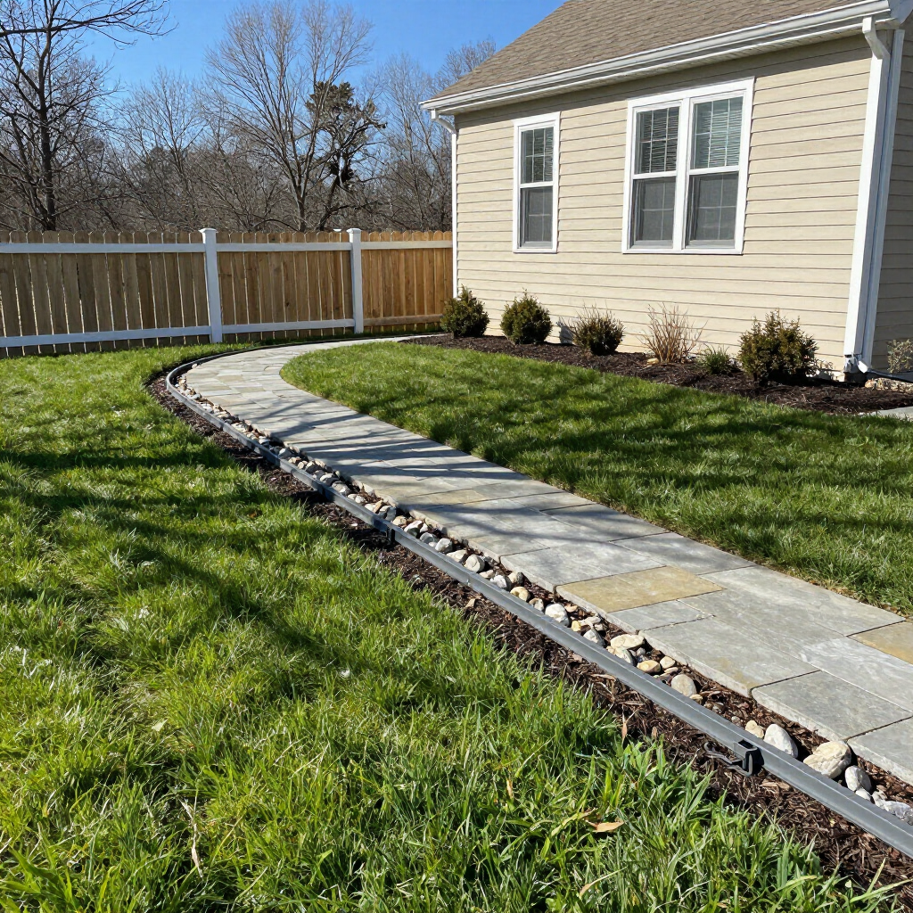 Curved concrete walkway through green lawn beside a beige house and wooden fence on a sunny day