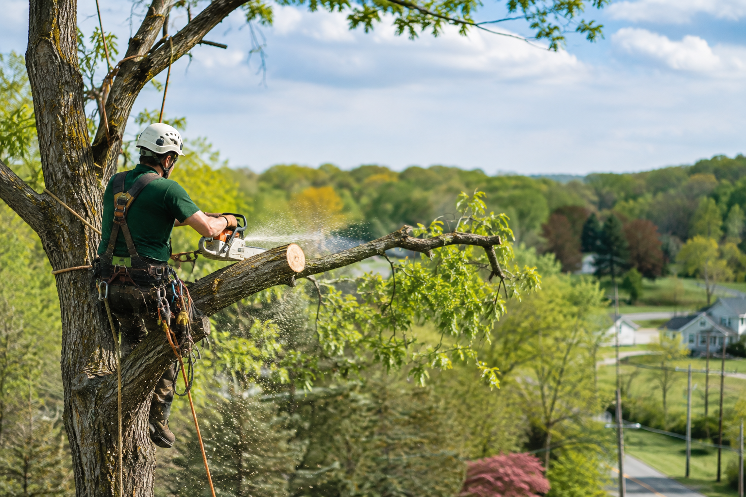 Arborist in a harness trimming a tree branch with a chainsaw above a green landscape