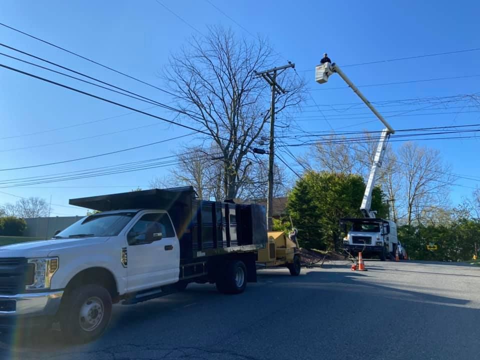 A white dump truck and a utility truck with an extended bucket lift working on overhead power lines on a sunny day.