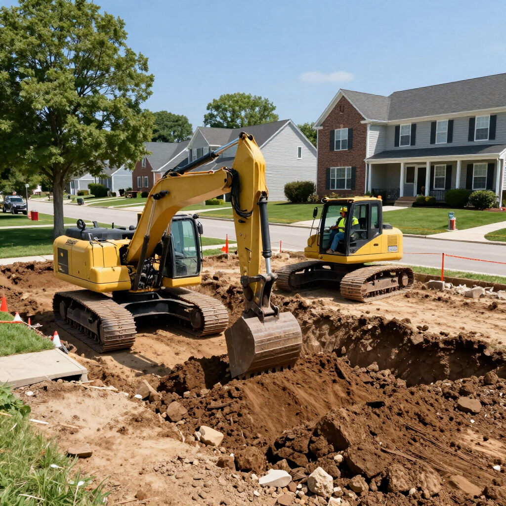 Two yellow excavators digging a trench in a suburban neighborhood street with houses nearby