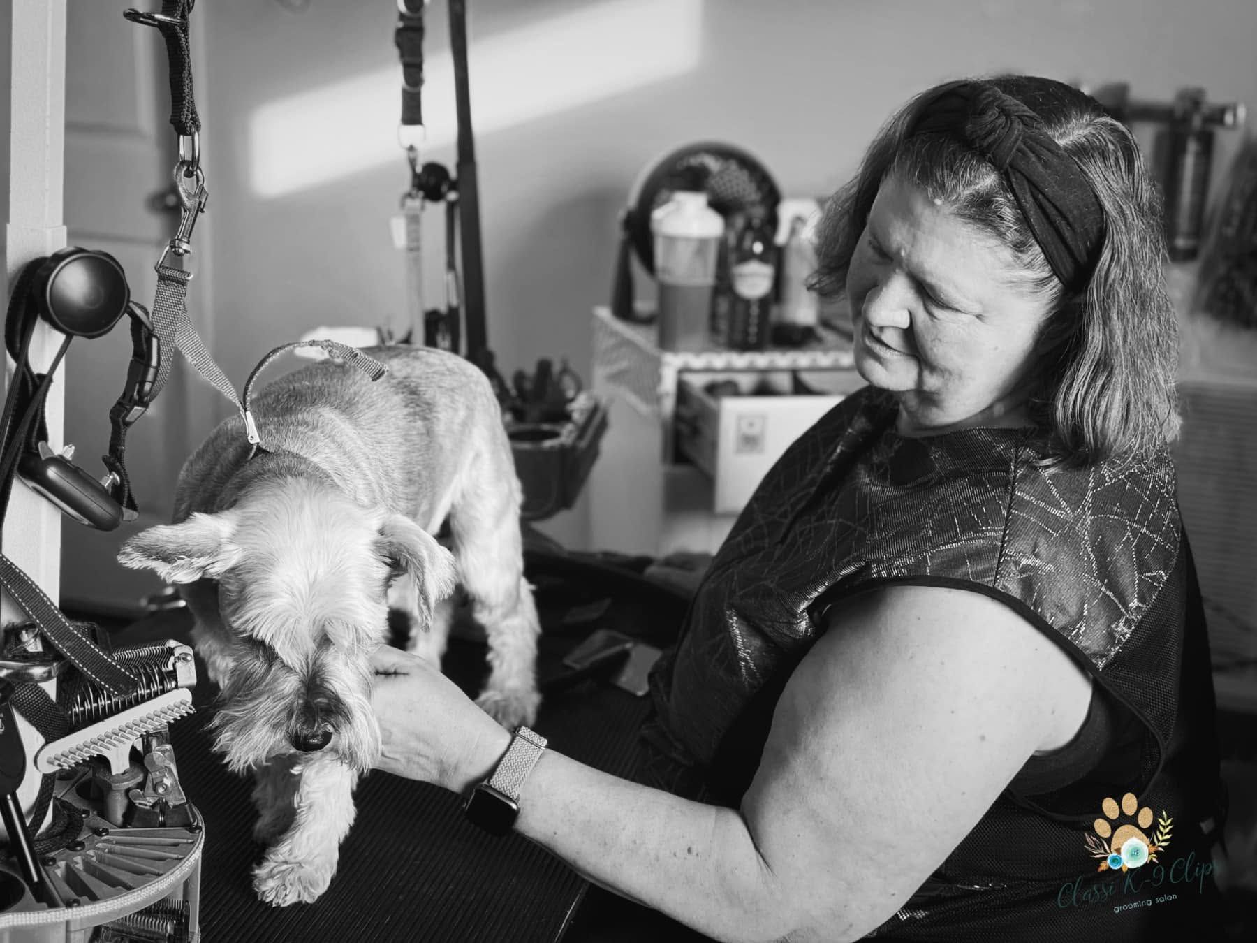 Woman holding a small dog in a cozy indoor room, with another dog in the background